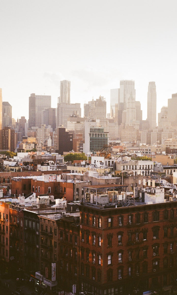 Manhattan skyline over Lower East Side rooftops in warm fall light, shot on film