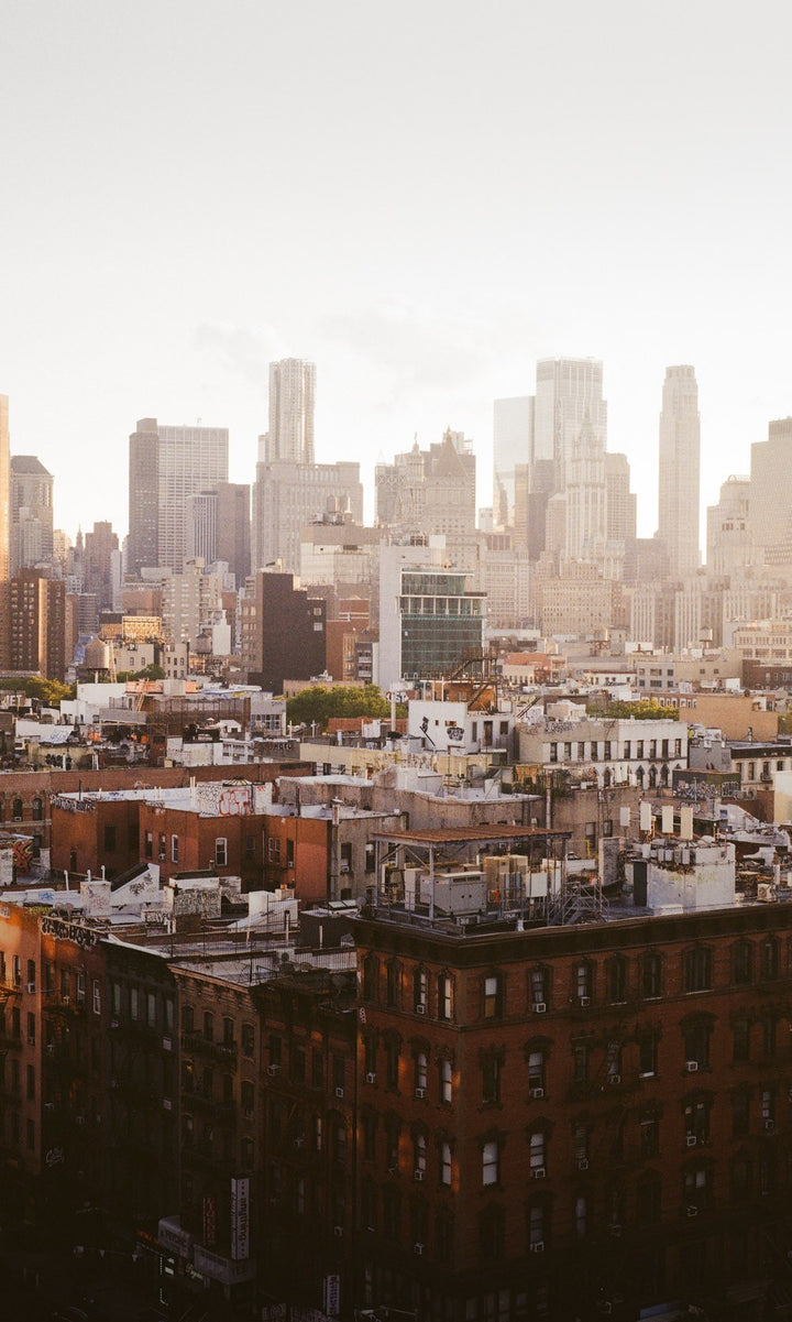Manhattan skyline over Lower East Side rooftops in warm fall light, shot on film