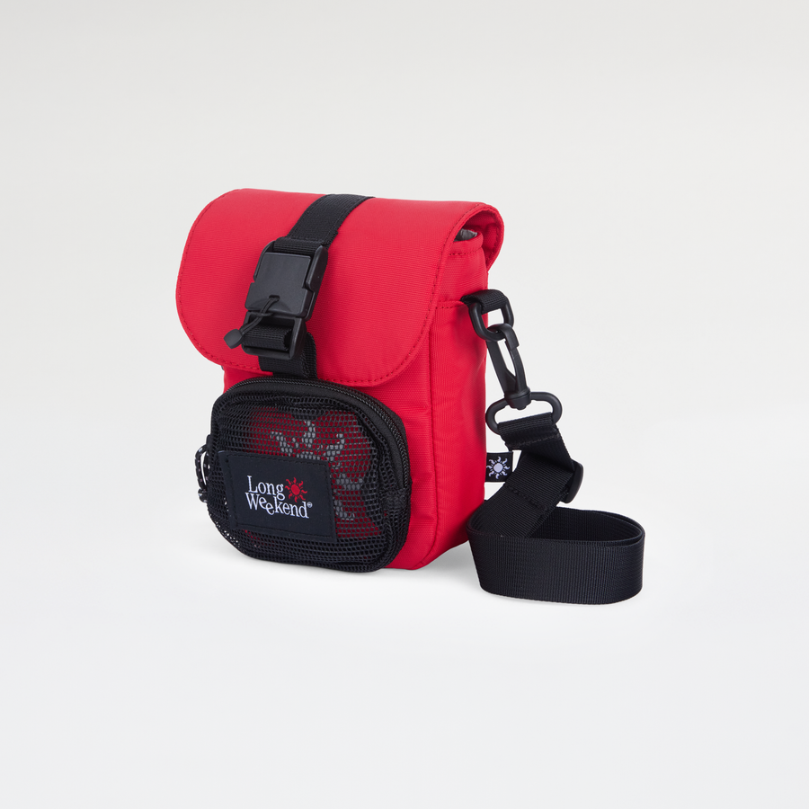 Long Weekend Crossbody Bag in Red, three-quarter with strap