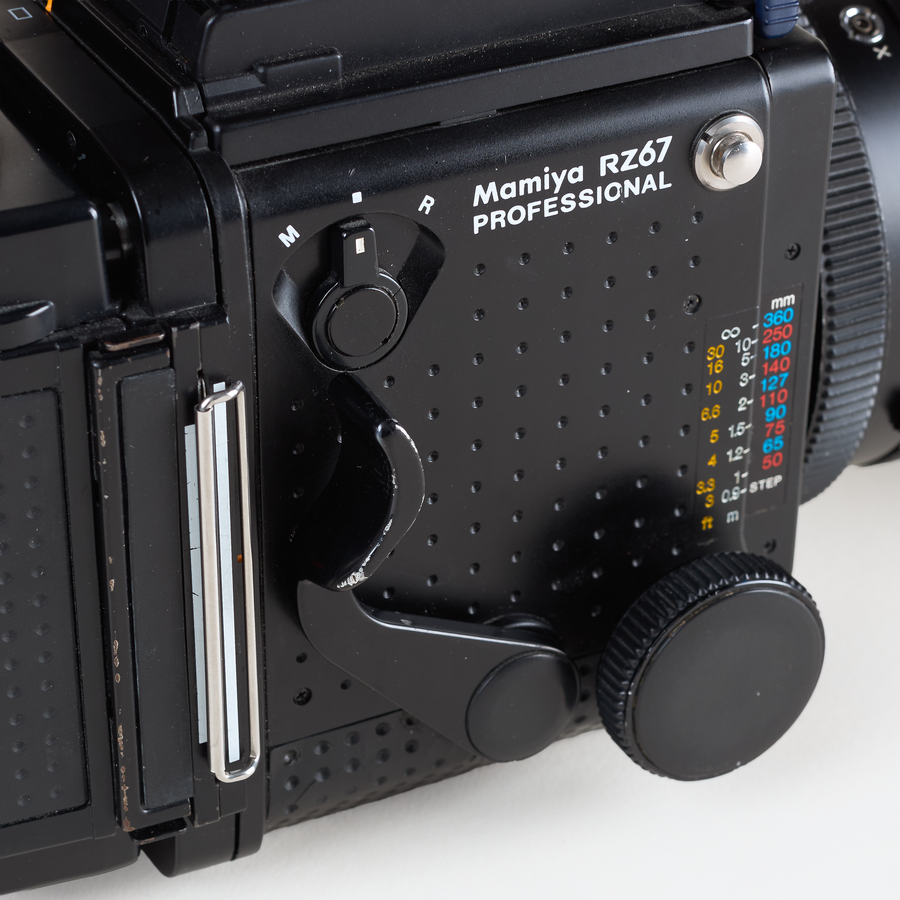 Mamiya RZ67 Professional body, close-up of the side controls