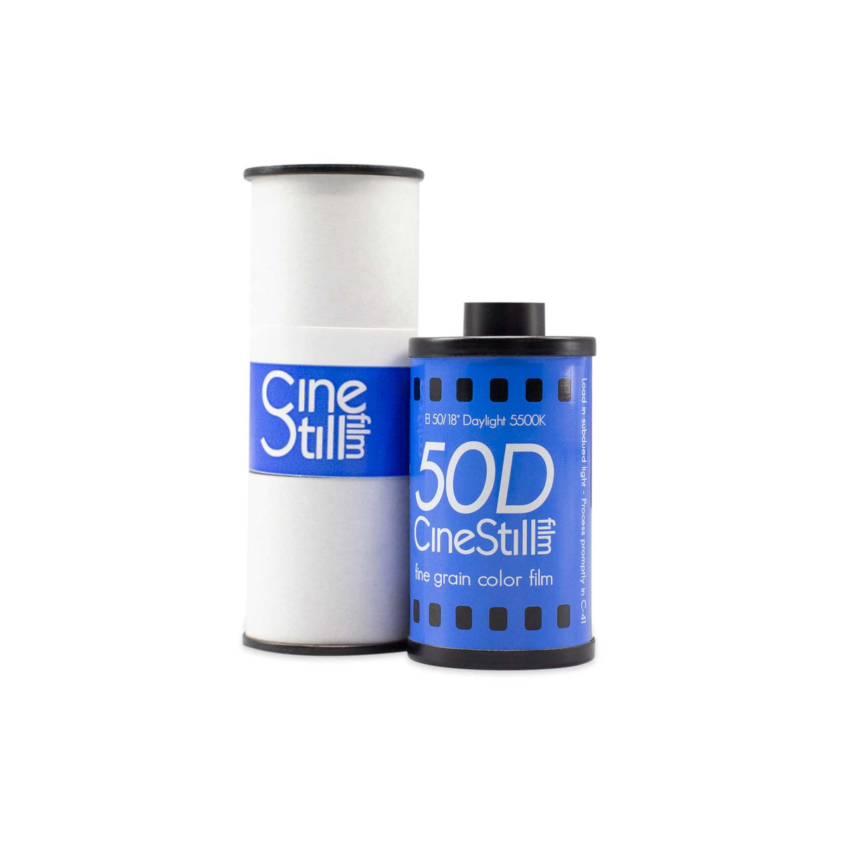 A product image featuring two rolls of Cinestill 50D color film, one in a 35mm format and one in a 120 format, against a white background.